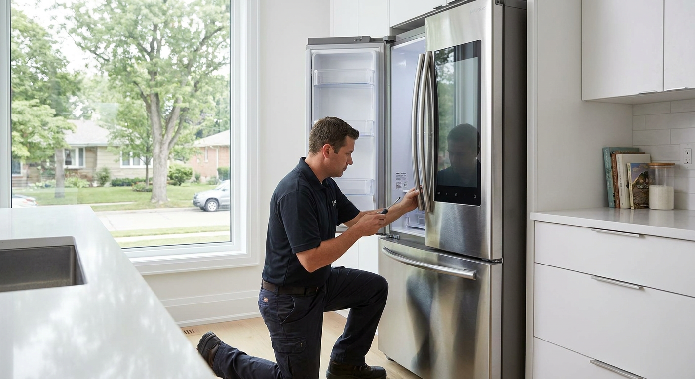 Professional technician in uniform repairing a modern refrigerator in a Guelph kitchen